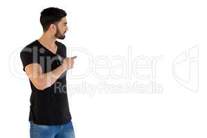 Man pointing at white background