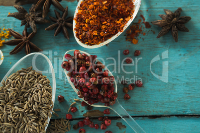 Various spices on wooden table