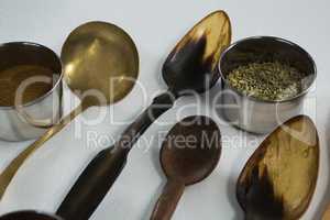 Various type of spoons with spices in bowl