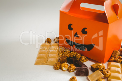 High angle view of orange box with chocolates