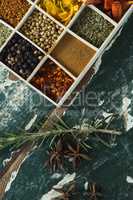 Various spices on wooden table