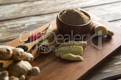 High angle view of various spices on serving board over table
