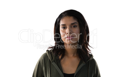 Portrait of female athlete in hooded jacket