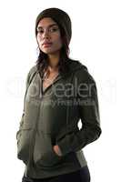 Portrait of woman in hooded jacket