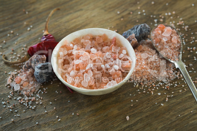 Himalayan salt with spices on wooden table