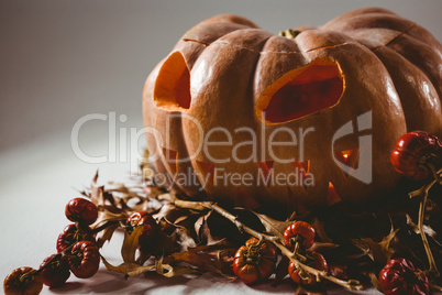 Jack o lantern with small pumpkins over white background