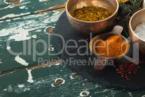 Various spices arranged in board