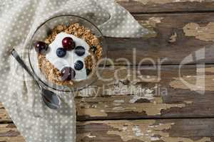 Bowl of yogurt muesli, cherries and blueberries for breakfast