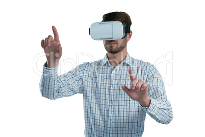 Man gesturing while using virtual reality headset