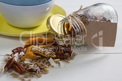 Breakfast cereals spilling from jar