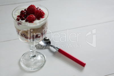 Cup of yogurt with raspberry and pomegranate