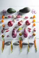 Overhead view of various vegetables arranged