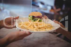 Cropped hands of waiter and female chef holding fresh burger and fries plate at counter