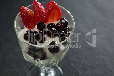 Glass of yogurt, black cherries and strawberries for breakfast