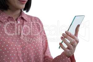 Mid section of female executive holding a glass smartphone