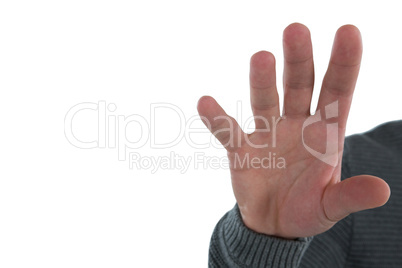 Man gesturing against white background