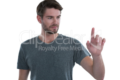 Man pretending to touch an invisible screen