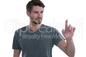 Man pretending to touch an invisible screen