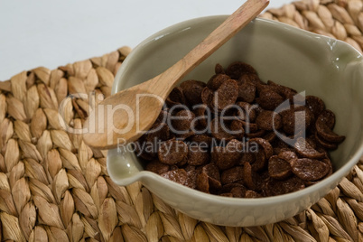 Bowl of chocolate flakes with spoon