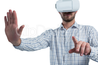 Man gesturing while using virtual reality headset