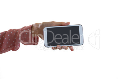Womans hand showing mobile phone