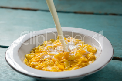 Pouring milk into bowl of wheaties cereal