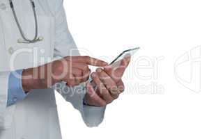 Mid-section of male doctor using glass mobile phone