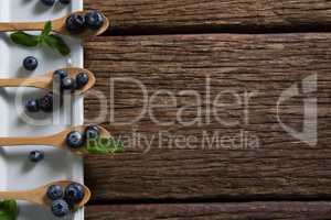 Blueberries with mint in wooden spoon arranged on tray