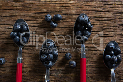 Blueberries in spoon arranged on wooden table