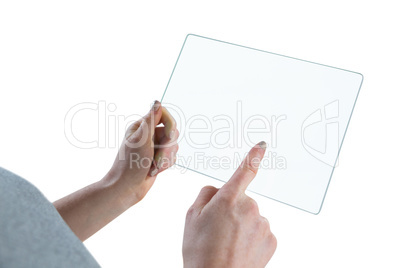High angle view of businesswoman using glass interface