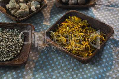 Various spices in a wooden tray
