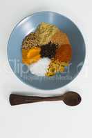 Various spices in plate with spoon