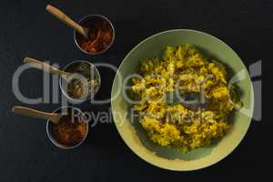 Delicious food in plate with various spices