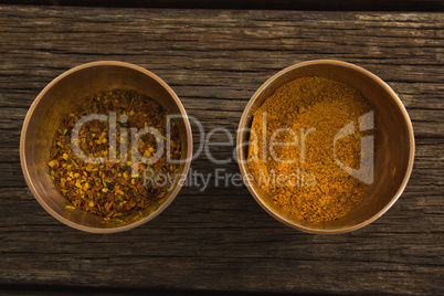 Red pepper flakes and curry powder in a bowl