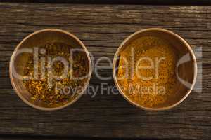 Red pepper flakes and curry powder in a bowl