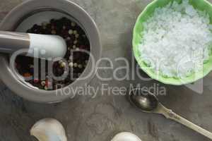 Black pepper in mortar and pestle with bowl of salt and garlic