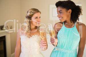 Happy bride and bridesmaid toasting drinks at home