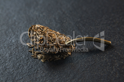 Cumin seeds in spoon on black background