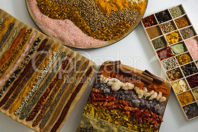 Various spices arranged in tray