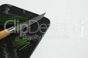 Scallions and knife on black slate plate