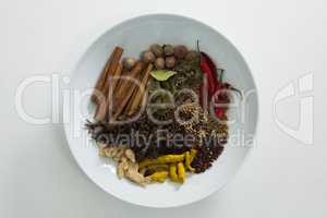Various spices in plate on white background