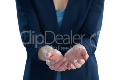 Mid section of businesswoman holding imaginary product while standing with hands cupped