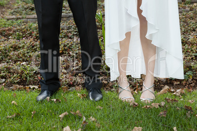 Low section of newlywed couple standing on field