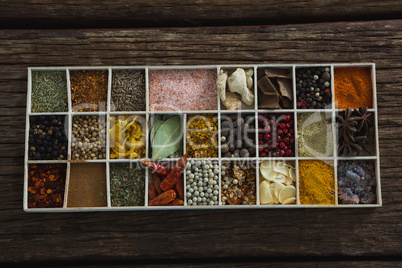 Various spices and ingredients in a tray