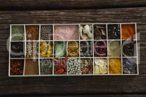 Various spices and ingredients in a tray