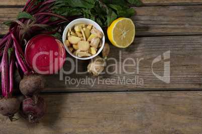 Various ingredients on wooden table