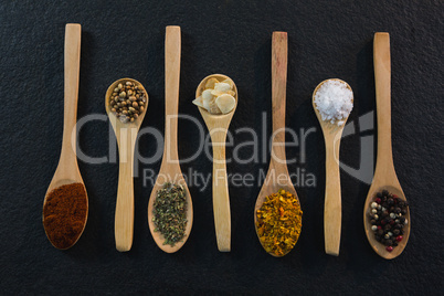 Various spices arranged in a spoon