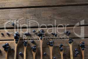 Blueberries in wooden spoon arranged on table