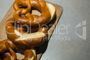 Close-up of pretzels on wooden board