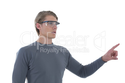 Businessman gesturing while wearing smart glasses